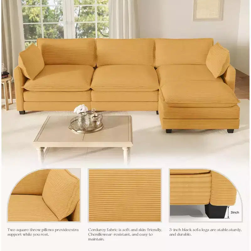 Divano componibile a L Hyleory Cozy Corduroy con poggiapiedi mobile - Tocco Morbido, Design Salvaspazio