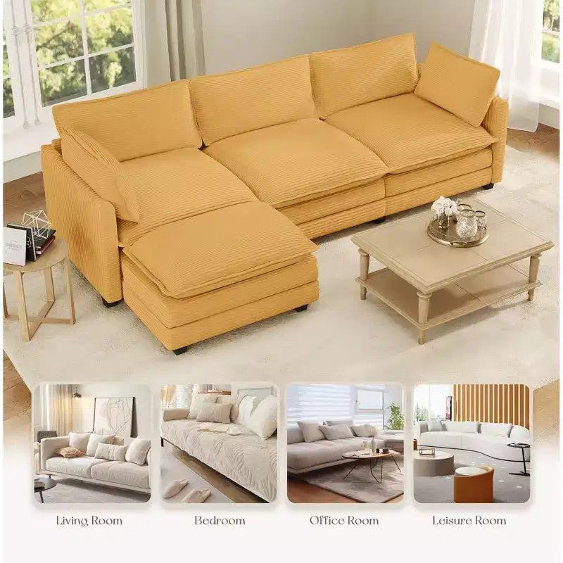 Divano componibile a L Hyleory Cozy Corduroy con poggiapiedi mobile - Tocco Morbido, Design Salvaspazio