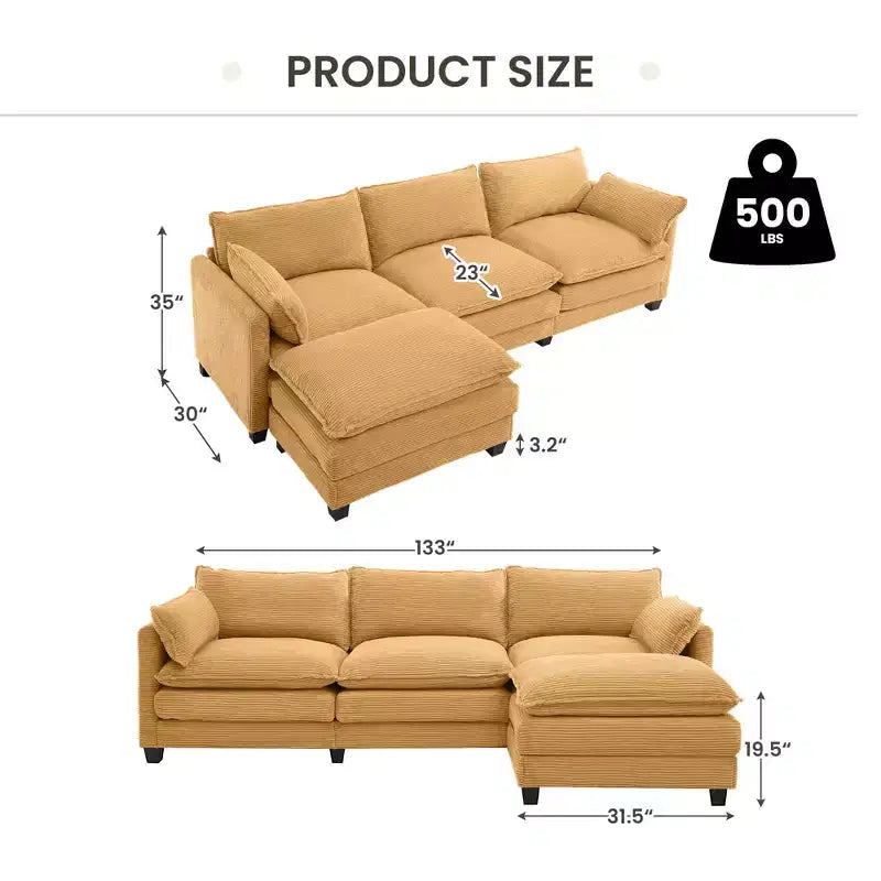 Divano componibile a L Hyleory Cozy Corduroy con poggiapiedi mobile - Tocco Morbido, Design Salvaspazio