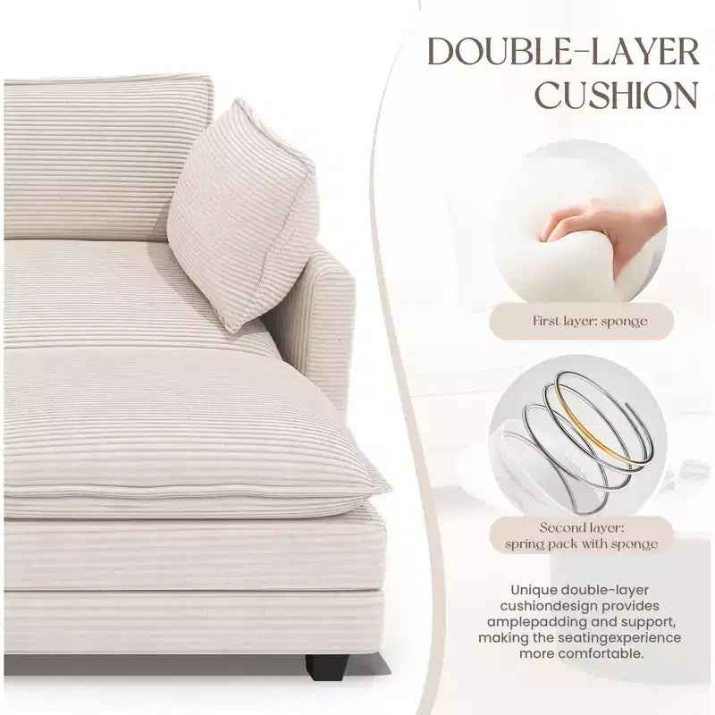 Divano componibile a L Hyleory Cozy Corduroy con poggiapiedi mobile - Tocco Morbido, Design Salvaspazio