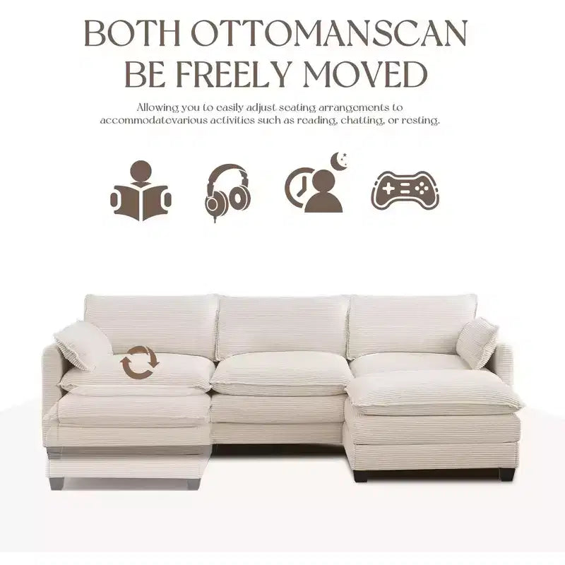 Divano componibile a L Hyleory Cozy Corduroy con poggiapiedi mobile - Tocco Morbido, Design Salvaspazio