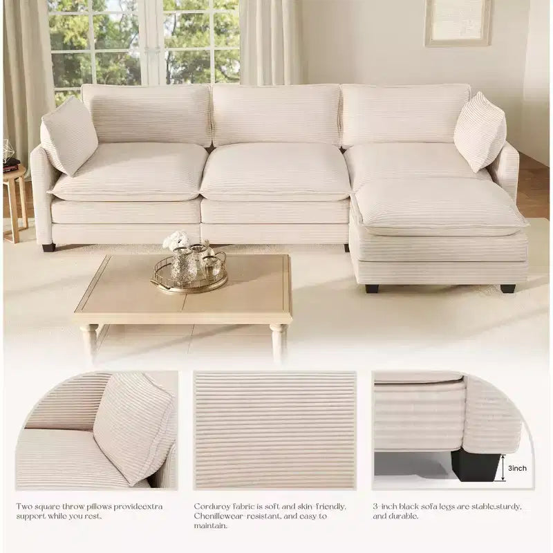 Divano componibile a L Hyleory Cozy Corduroy con poggiapiedi mobile - Tocco Morbido, Design Salvaspazio