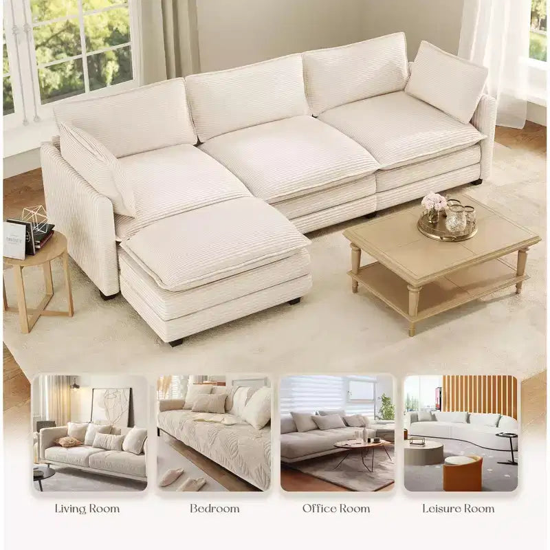 Divano componibile a L Hyleory Cozy Corduroy con poggiapiedi mobile - Tocco Morbido, Design Salvaspazio