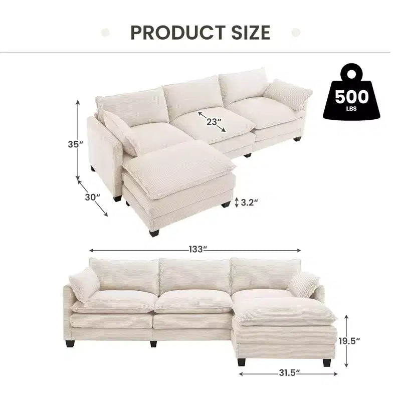 Divano componibile a L Hyleory Cozy Corduroy con poggiapiedi mobile - Tocco Morbido, Design Salvaspazio