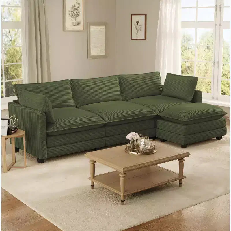 Divano componibile a L Hyleory Cozy Corduroy con poggiapiedi mobile - Tocco Morbido, Design Salvaspazio
