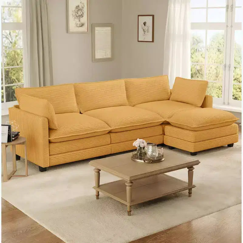 Divano componibile a L Hyleory Cozy Corduroy con poggiapiedi mobile - Tocco Morbido, Design Salvaspazio