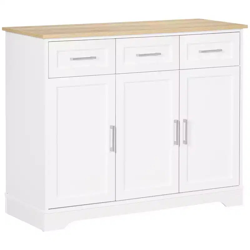 HOMCOM Modern Kitchen Sideboard Buffet Cabinet with Storage Versatility, 3 Drawers, Kitchen Island Dining Room Cabinet, Living Room Furniture, White