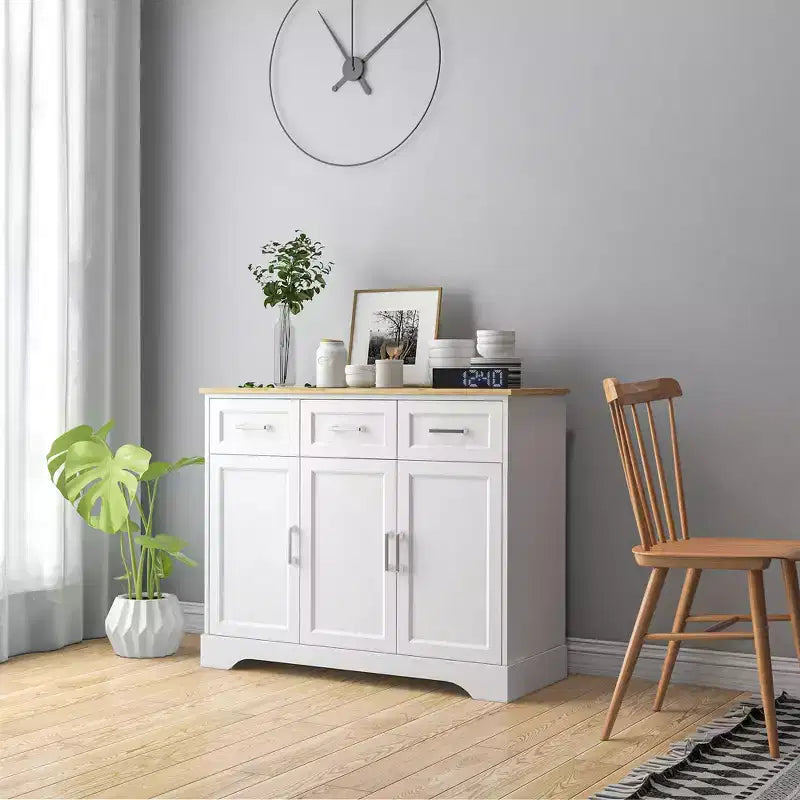 HOMCOM Buffet de cuisine moderne avec rangement polyvalent, 3 tiroirs, îlot de cuisine, meuble de salle à manger, meuble de salon, Blanc