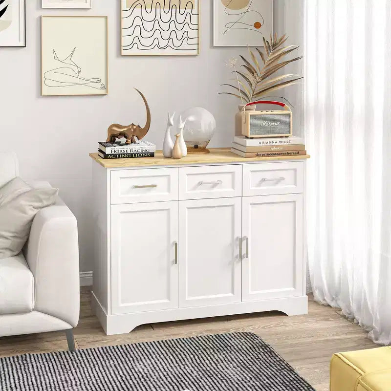 HOMCOM Buffet de cuisine moderne avec rangement polyvalent, 3 tiroirs, îlot de cuisine, meuble de salle à manger, meuble de salon, Blanc