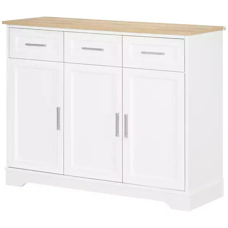 HOMCOM Buffet de cuisine moderne avec rangement polyvalent, 3 tiroirs, îlot de cuisine, meuble de salle à manger, meuble de salon, Blanc