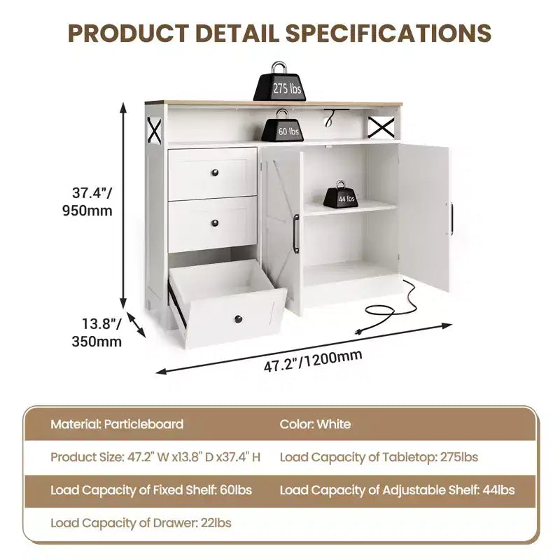Credenza Buffet, Mobile Credenza da Cucina Stile Rustico, con 3 Cassetti, Armadietto a 2 Ante per Cucina, Sala da Pranzo