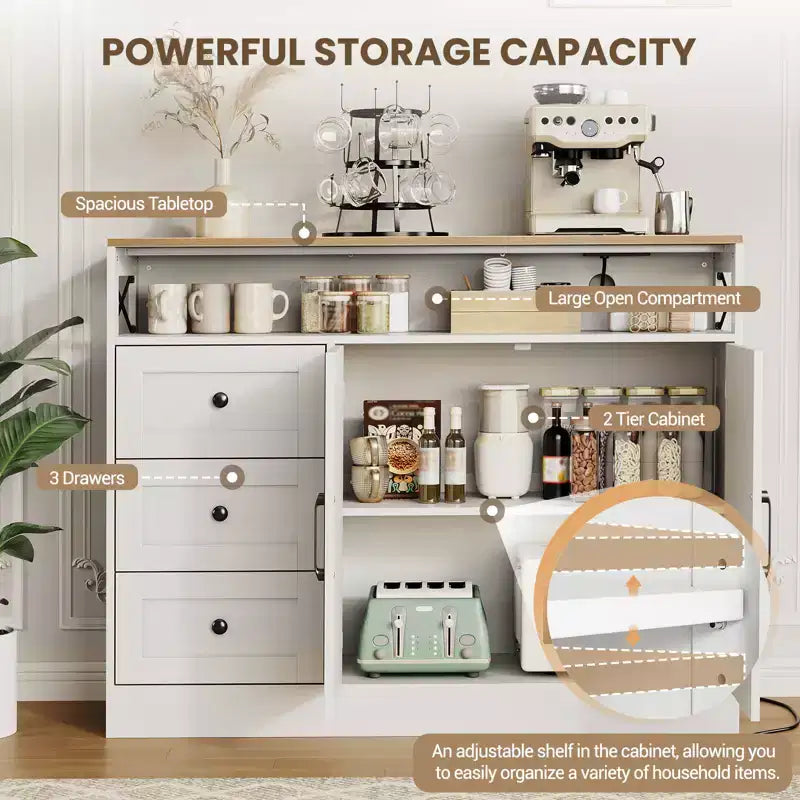 Credenza Buffet, Mobile Credenza da Cucina Stile Rustico, con 3 Cassetti, Armadietto a 2 Ante per Cucina, Sala da Pranzo