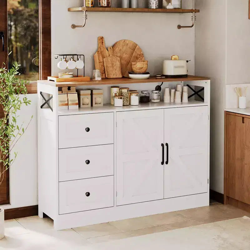 Credenza Buffet, Mobile Credenza da Cucina Stile Rustico, con 3 Cassetti, Armadietto a 2 Ante per Cucina, Sala da Pranzo