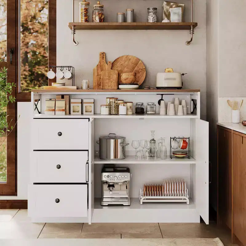 Credenza Buffet, Mobile Credenza da Cucina Stile Rustico, con 3 Cassetti, Armadietto a 2 Ante per Cucina, Sala da Pranzo