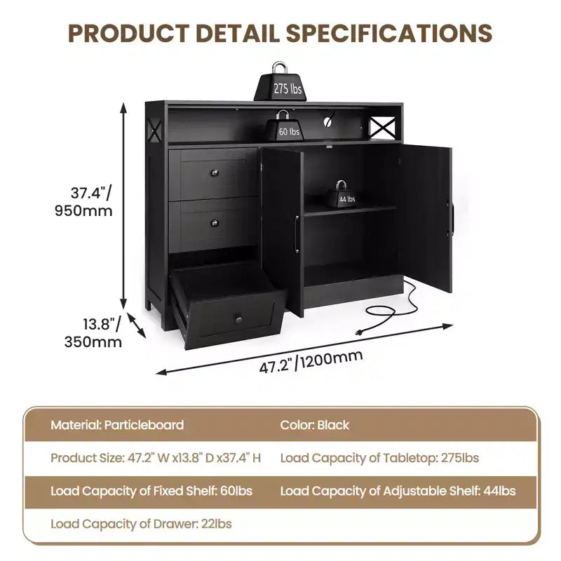 Credenza Buffet, Mobile Credenza da Cucina Stile Rustico, con 3 Cassetti, Armadietto a 2 Ante per Cucina, Sala da Pranzo