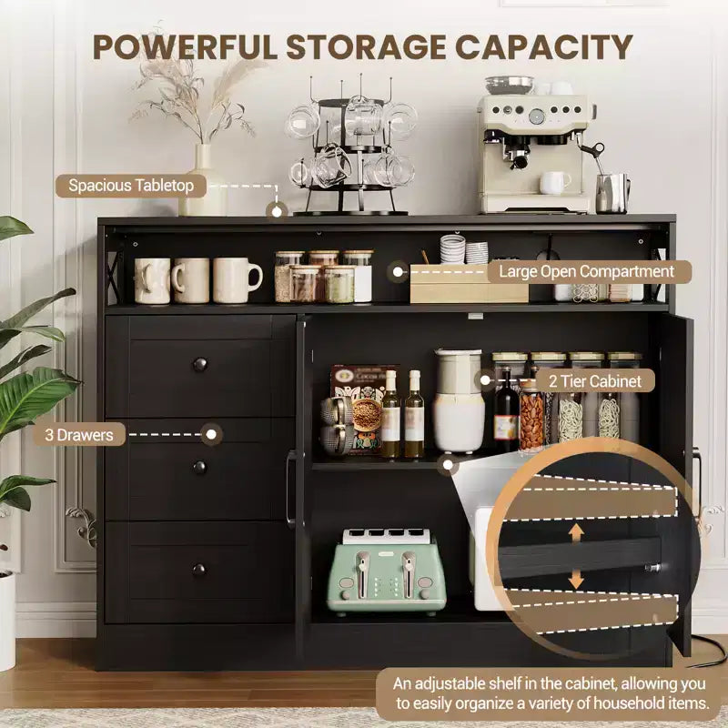 Credenza Buffet, Mobile Credenza da Cucina Stile Rustico, con 3 Cassetti, Armadietto a 2 Ante per Cucina, Sala da Pranzo