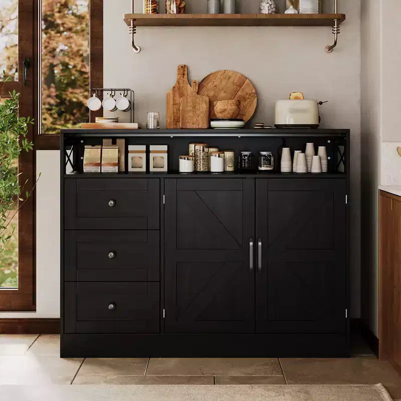 Credenza Buffet, Mobile Credenza da Cucina Stile Rustico, con 3 Cassetti, Armadietto a 2 Ante per Cucina, Sala da Pranzo