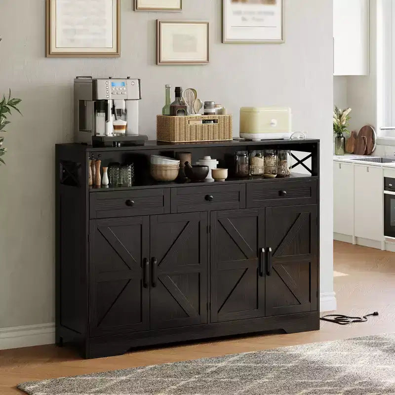 Credenza con cassetti e ripiani, dotata di spazio contenitivo e stazione di ricarica, adatta per cucine, sale da pranzo e soggiorni.