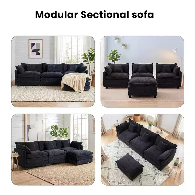 Divano sezionale a 3 posti in ciniglia  Divano letto modulare con seduta profonda, pouf e tasca laterale