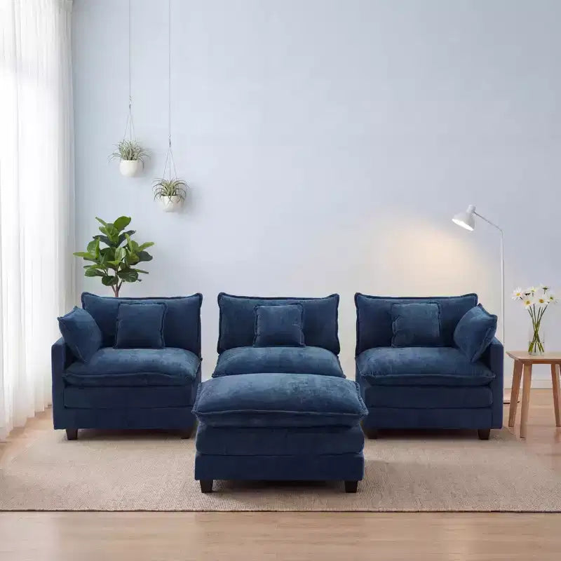 Divano sezionale a 3 posti in ciniglia  Divano letto modulare con seduta profonda, pouf e tasca laterale