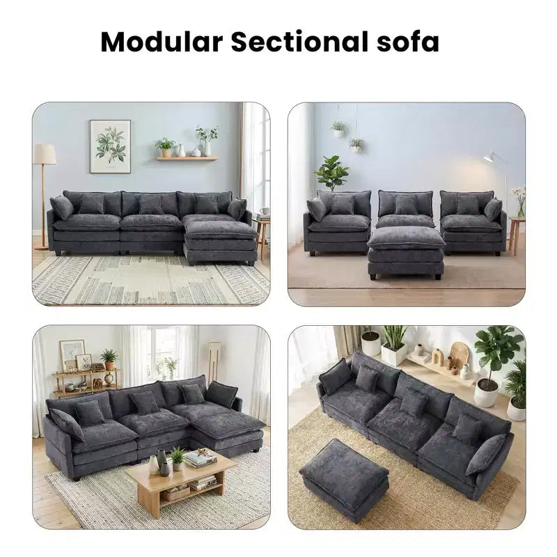 Divano sezionale a 3 posti in ciniglia  Divano letto modulare con seduta profonda, pouf e tasca laterale