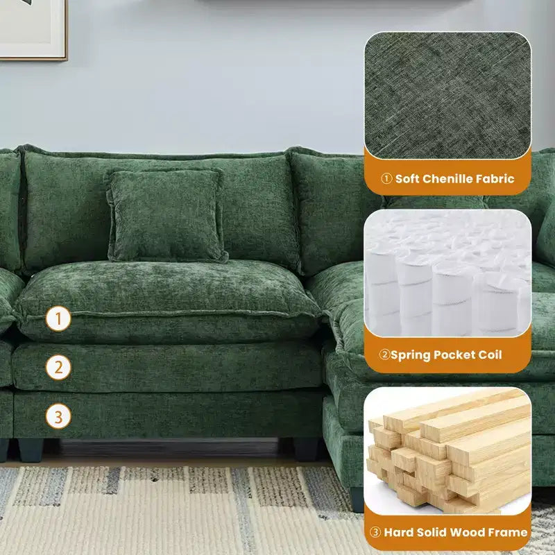 Divano sezionale a 3 posti in ciniglia  Divano letto modulare con seduta profonda, pouf e tasca laterale