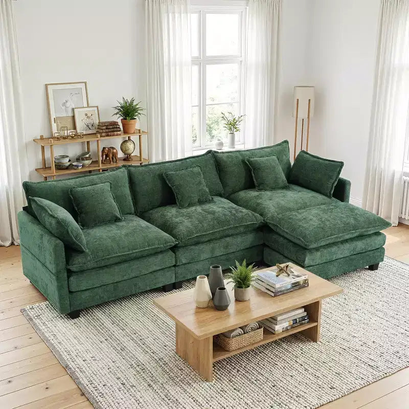 Divano sezionale a 3 posti in ciniglia  Divano letto modulare con seduta profonda, pouf e tasca laterale