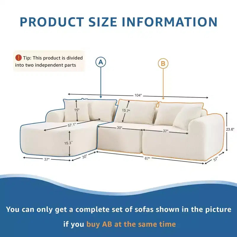 PexFix 104 Divano sezionale modulare oversize con penisola a L, divano moderno imbottito Cloud con cuscini decorativi per soggiorno camera da letto, beige