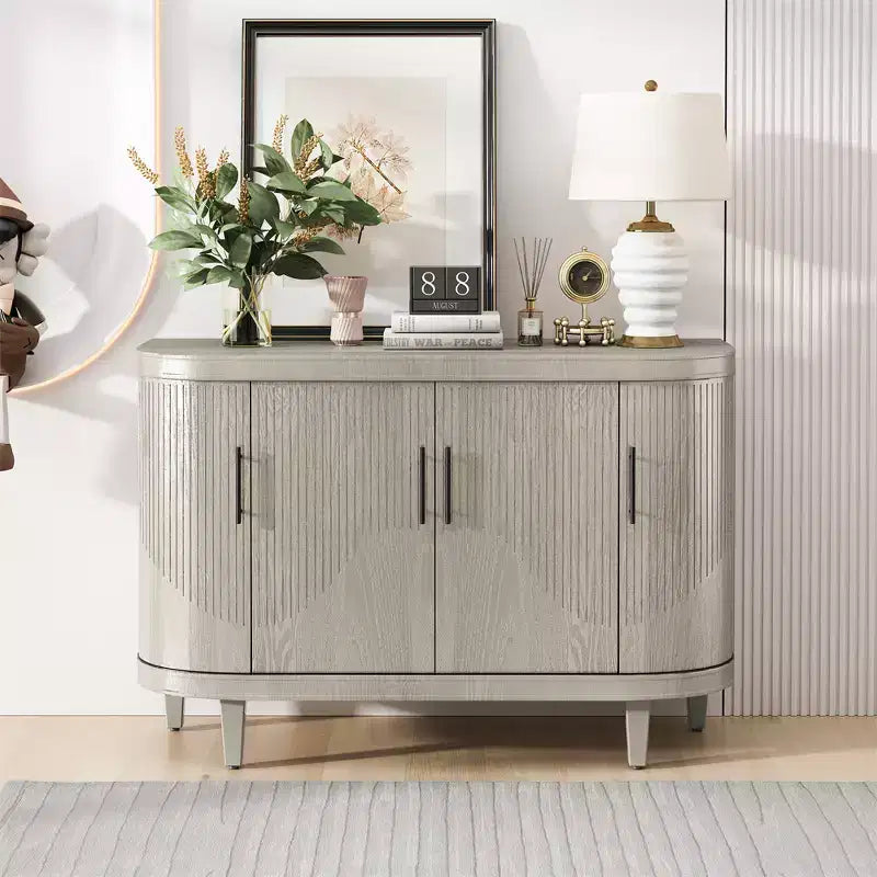 Modern Accent Storage Cabinet, Curved Sideboard Buffet Cabinet with 4 Doors, Adjustable Shelves, Coffee Bar Cabinet for Living Room, Hallway