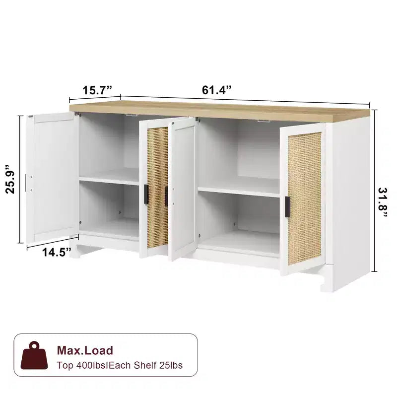 Madia in Rattan da 100 cm con 4 Ante - Credenza Moderna per Sala da Pranzo, Mobile Multifunzione per Angolo Caffè e Consolle da Ingresso per Cucina e Soggiorno
