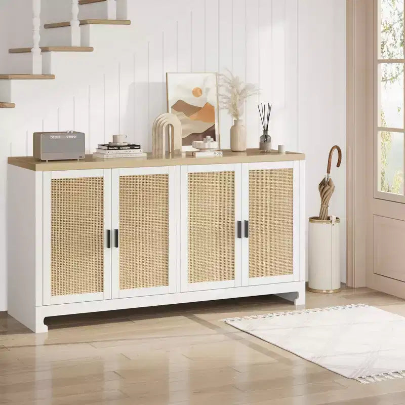 Madia in Rattan da 100 cm con 4 Ante - Credenza Moderna per Sala da Pranzo, Mobile Multifunzione per Angolo Caffè e Consolle da Ingresso per Cucina e Soggiorno