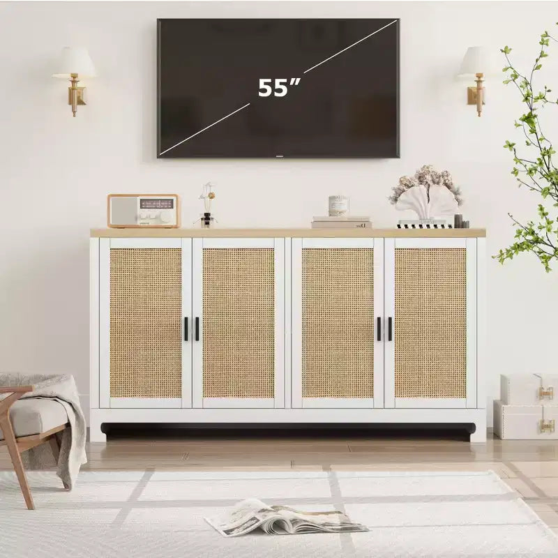Madia in Rattan da 100 cm con 4 Ante - Credenza Moderna per Sala da Pranzo, Mobile Multifunzione per Angolo Caffè e Consolle da Ingresso per Cucina e Soggiorno