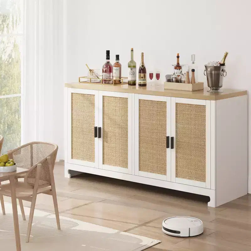 Madia in Rattan da 100 cm con 4 Ante - Credenza Moderna per Sala da Pranzo, Mobile Multifunzione per Angolo Caffè e Consolle da Ingresso per Cucina e Soggiorno