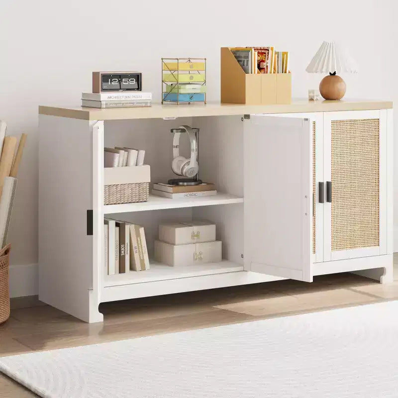 Madia in Rattan da 100 cm con 4 Ante - Credenza Moderna per Sala da Pranzo, Mobile Multifunzione per Angolo Caffè e Consolle da Ingresso per Cucina e Soggiorno