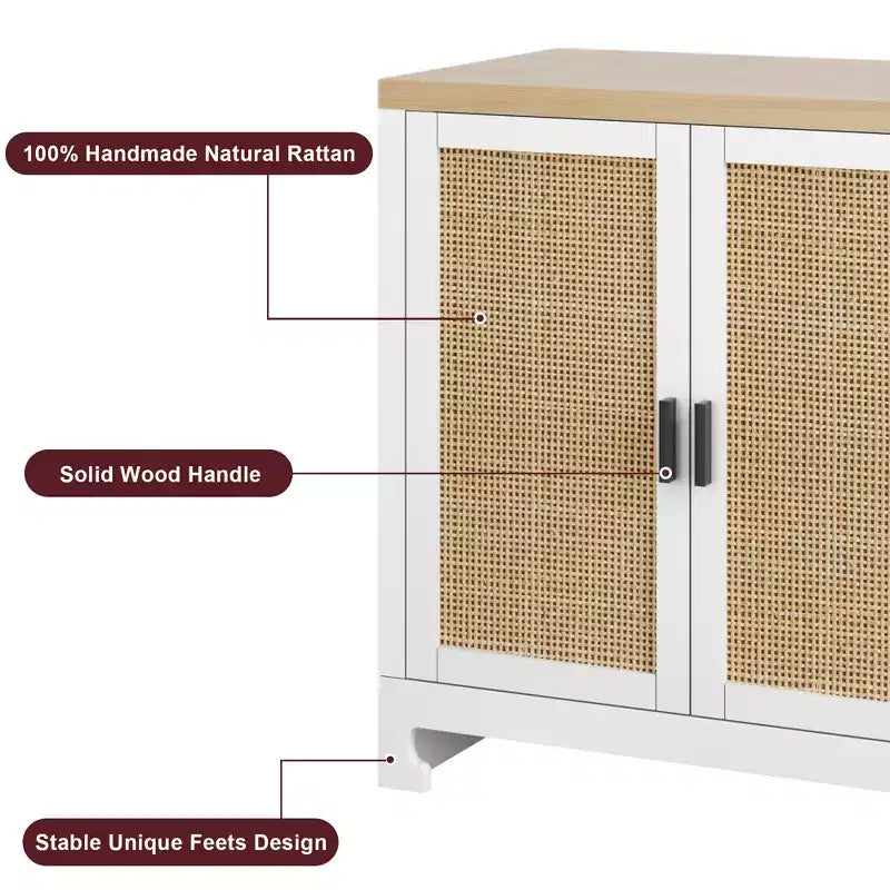 Madia in Rattan da 100 cm con 4 Ante - Credenza Moderna per Sala da Pranzo, Mobile Multifunzione per Angolo Caffè e Consolle da Ingresso per Cucina e Soggiorno