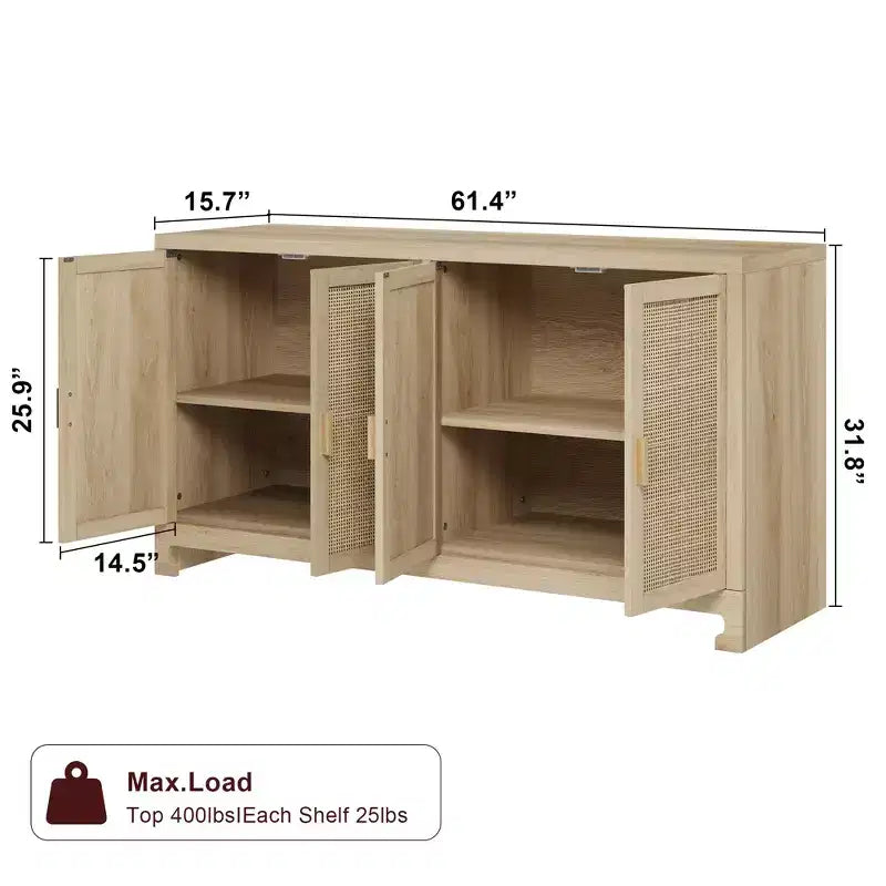 Madia in Rattan da 100 cm con 4 Ante - Credenza Moderna per Sala da Pranzo, Mobile Multifunzione per Angolo Caffè e Consolle da Ingresso per Cucina e Soggiorno