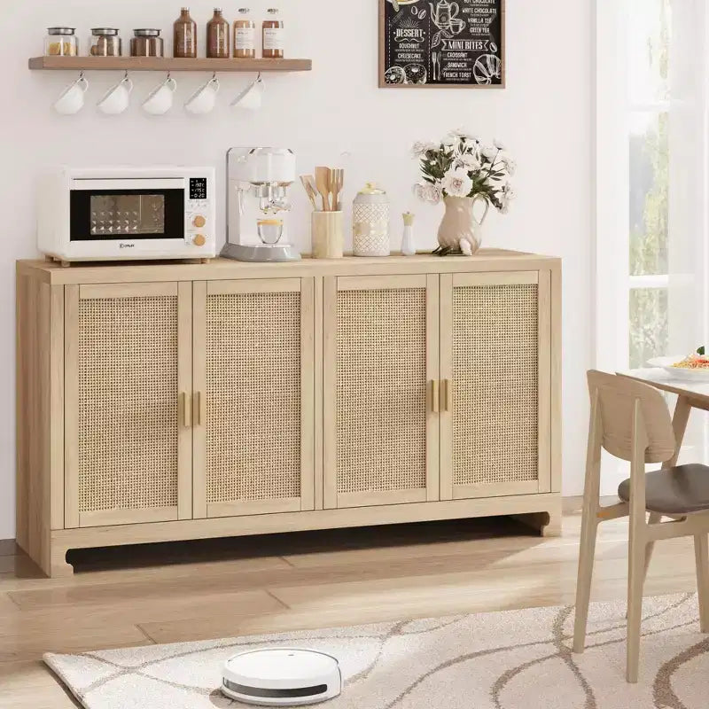 Madia in Rattan da 100 cm con 4 Ante - Credenza Moderna per Sala da Pranzo, Mobile Multifunzione per Angolo Caffè e Consolle da Ingresso per Cucina e Soggiorno