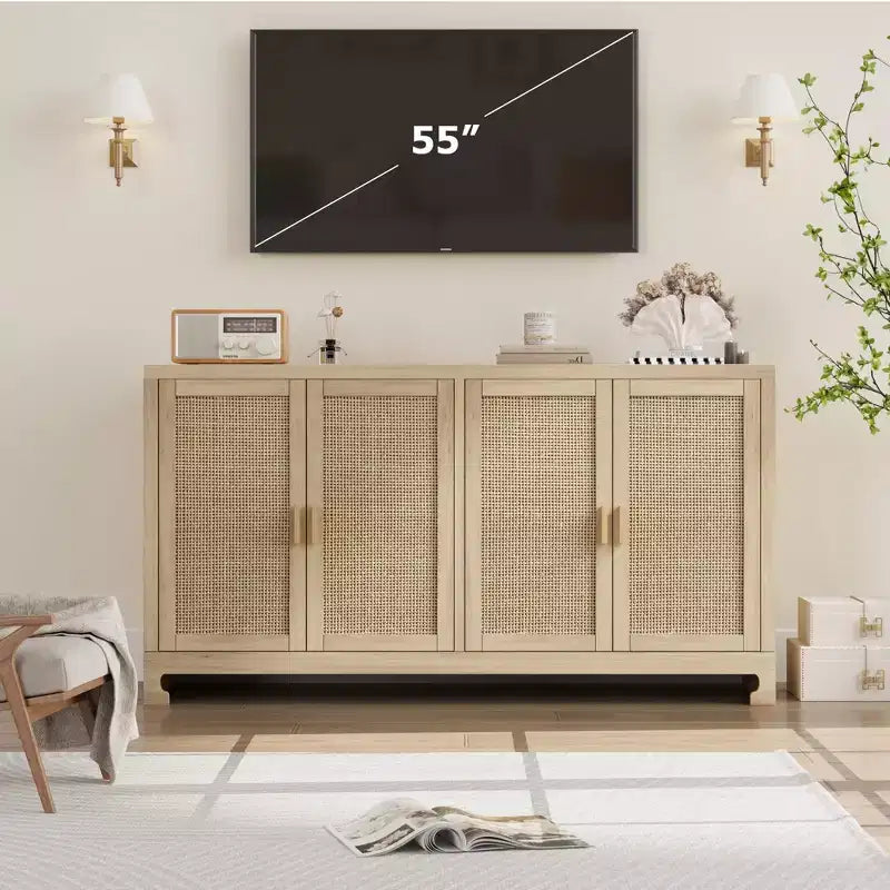 Madia in Rattan da 100 cm con 4 Ante - Credenza Moderna per Sala da Pranzo, Mobile Multifunzione per Angolo Caffè e Consolle da Ingresso per Cucina e Soggiorno