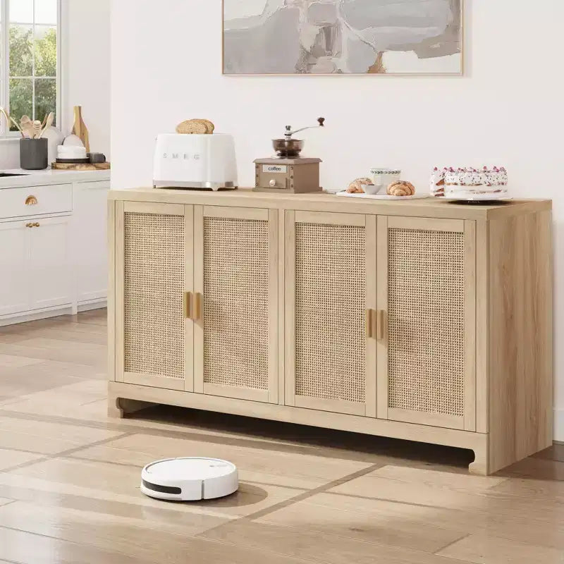 Madia in Rattan da 100 cm con 4 Ante - Credenza Moderna per Sala da Pranzo, Mobile Multifunzione per Angolo Caffè e Consolle da Ingresso per Cucina e Soggiorno