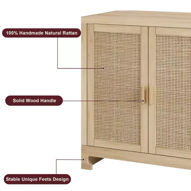 Madia in Rattan da 100 cm con 4 Ante - Credenza Moderna per Sala da Pranzo, Mobile Multifunzione per Angolo Caffè e Consolle da Ingresso per Cucina e Soggiorno