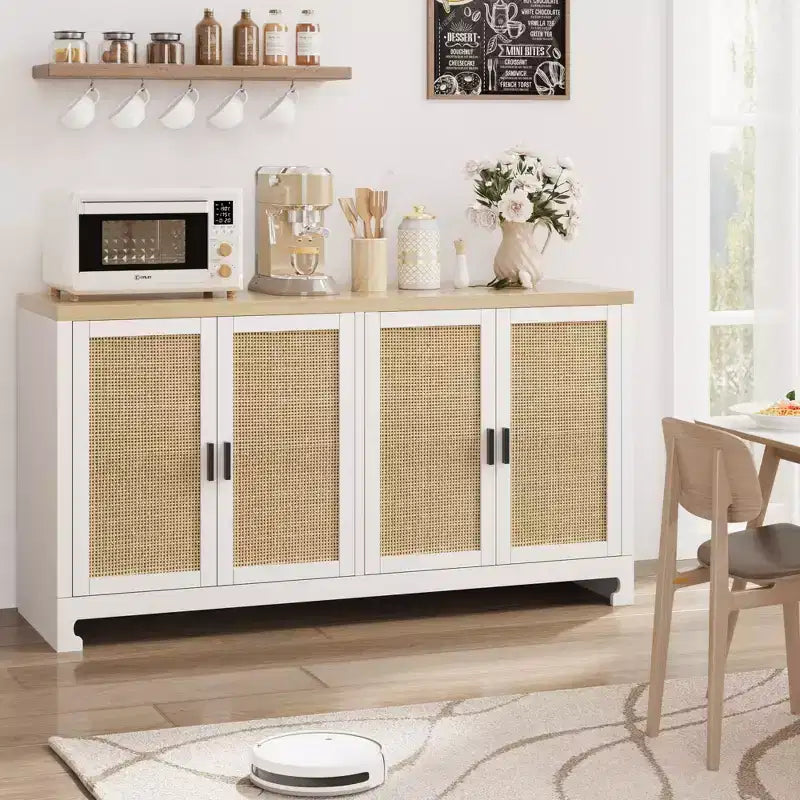 Madia in Rattan da 100 cm con 4 Ante - Credenza Moderna per Sala da Pranzo, Mobile Multifunzione per Angolo Caffè e Consolle da Ingresso per Cucina e Soggiorno