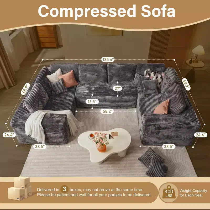 Divano componibile a sezione a U HOMLUX, divani moderni minimalisti con seduta profonda 68,5 cm per soggiorno, Stile 2