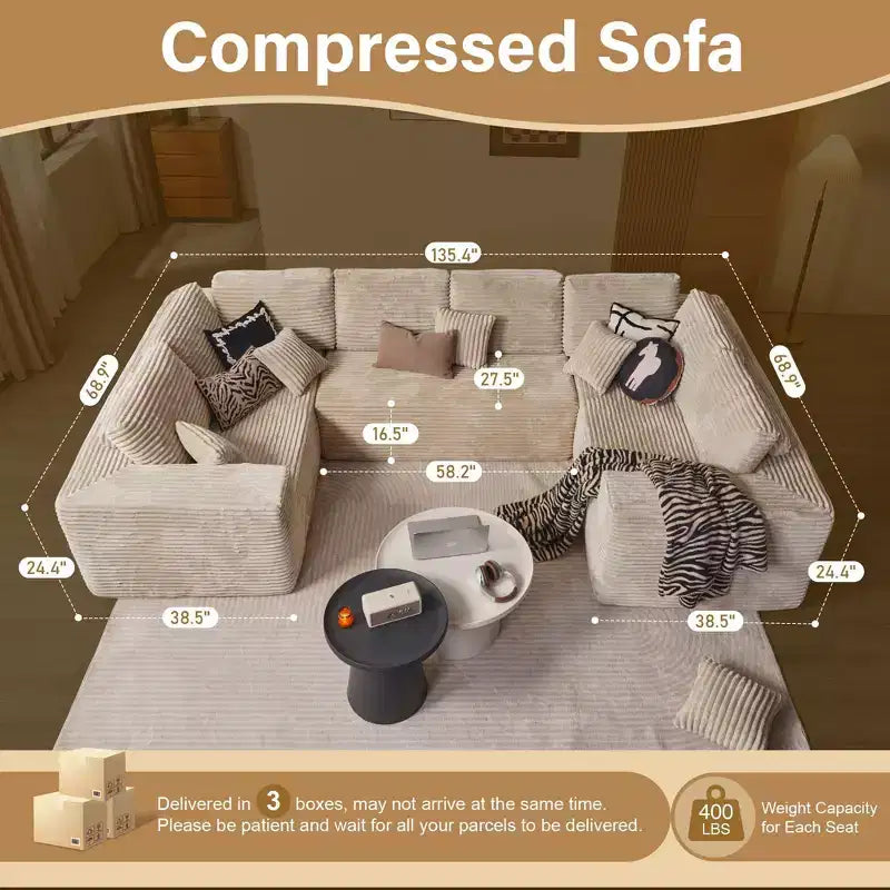 Divano componibile a sezione a U HOMLUX, divani moderni minimalisti con seduta profonda 68,5 cm per soggiorno, Stile 2