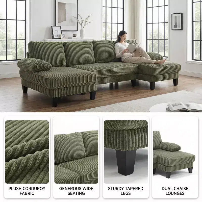 Divano Sezionale a U in Corduroy Homy Casa con Doppia Chaise Longue, Divano a 4 Posti per Soggiorno