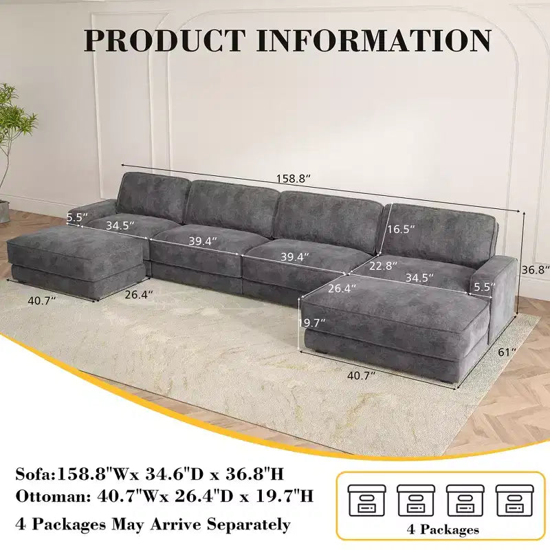 Divano componibile a U Dyonery 160, divano oversize "Cloud" con pouf mobile, divano a 6 posti in ciniglia con seduta profonda e cuscini, divani componibili