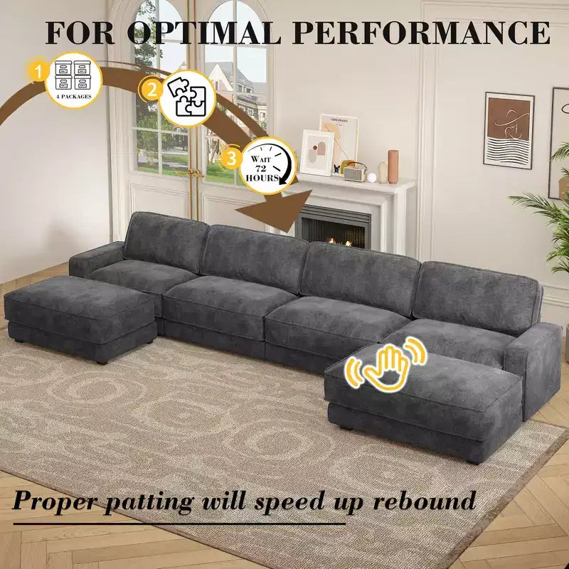 Divano componibile a U Dyonery 160, divano oversize "Cloud" con pouf mobile, divano a 6 posti in ciniglia con seduta profonda e cuscini, divani componibili