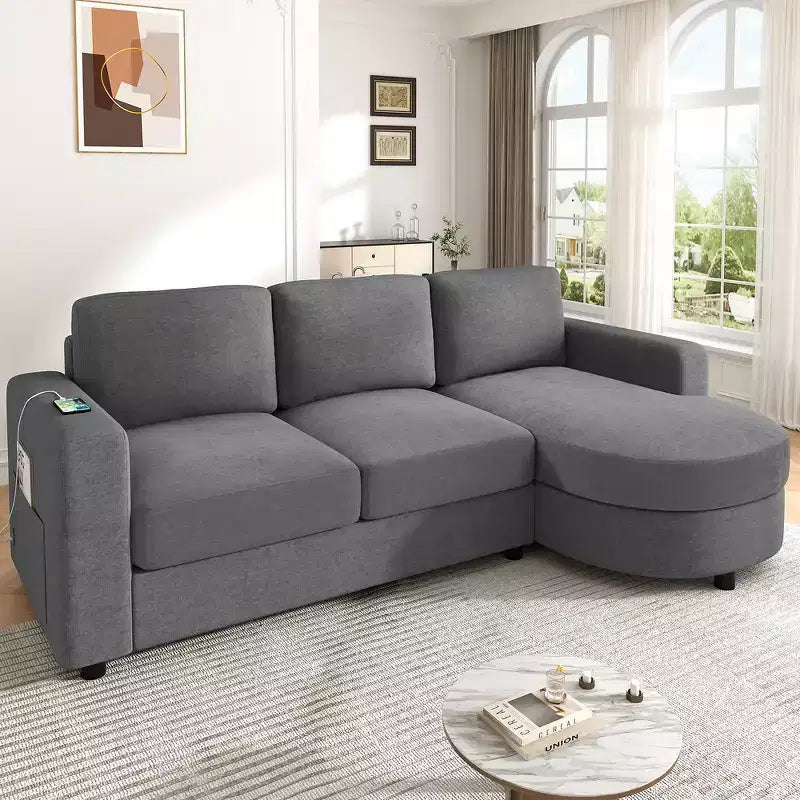 Whisen 84.6 Canapé et sofa d'angle modernes en L avec méridienne incurvée et poches de rangement latérales