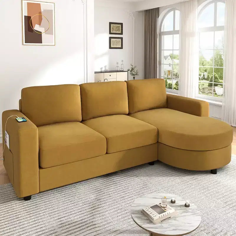 Whisen 84.6 Canapé et sofa d'angle modernes en L avec méridienne incurvée et poches de rangement latérales