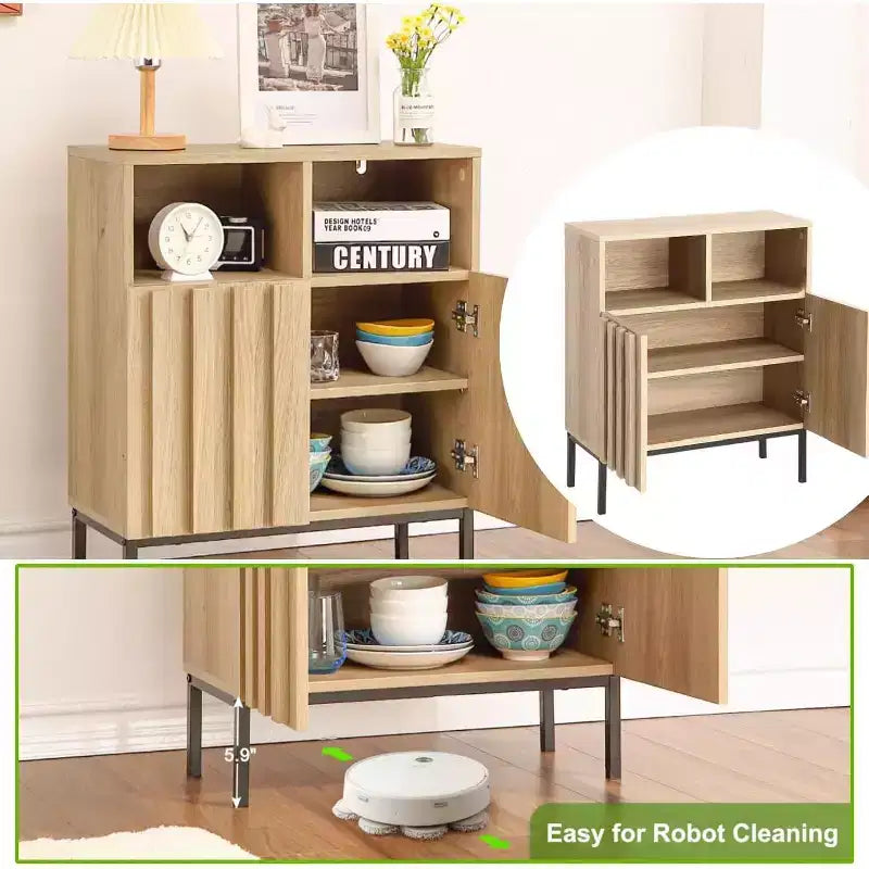 23.6 Credenza scanalata con armadietto contenitore, credenza buffet con anta a pannelli scanalati e gambe in metallo