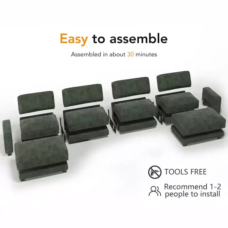 Divano Sezionale Modulare Oversize Dyonery 160, Divano Comodo a U a 6 Posti con 2 Cuscini e 2 Pouf Mobili, Ciniglia